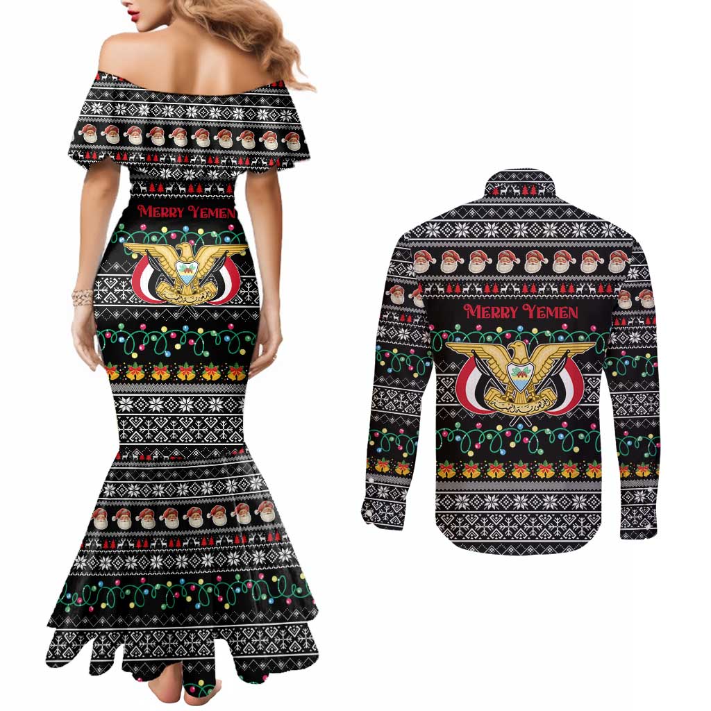 Yemen Christmas Couples Matching Mermaid Dress and Long Sleeve Button Shirt with Traditional Santa Black Snowflake Pattern and Festive Lights - Wonder Print Shop