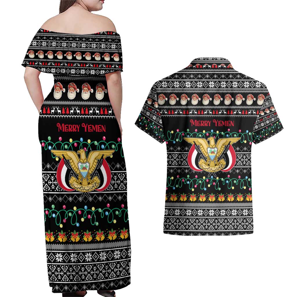 Yemen Christmas Couples Matching Off Shoulder Maxi Dress and Hawaiian Shirt with Traditional Santa Black Snowflake Pattern and Festive Lights - Wonder Print Shop