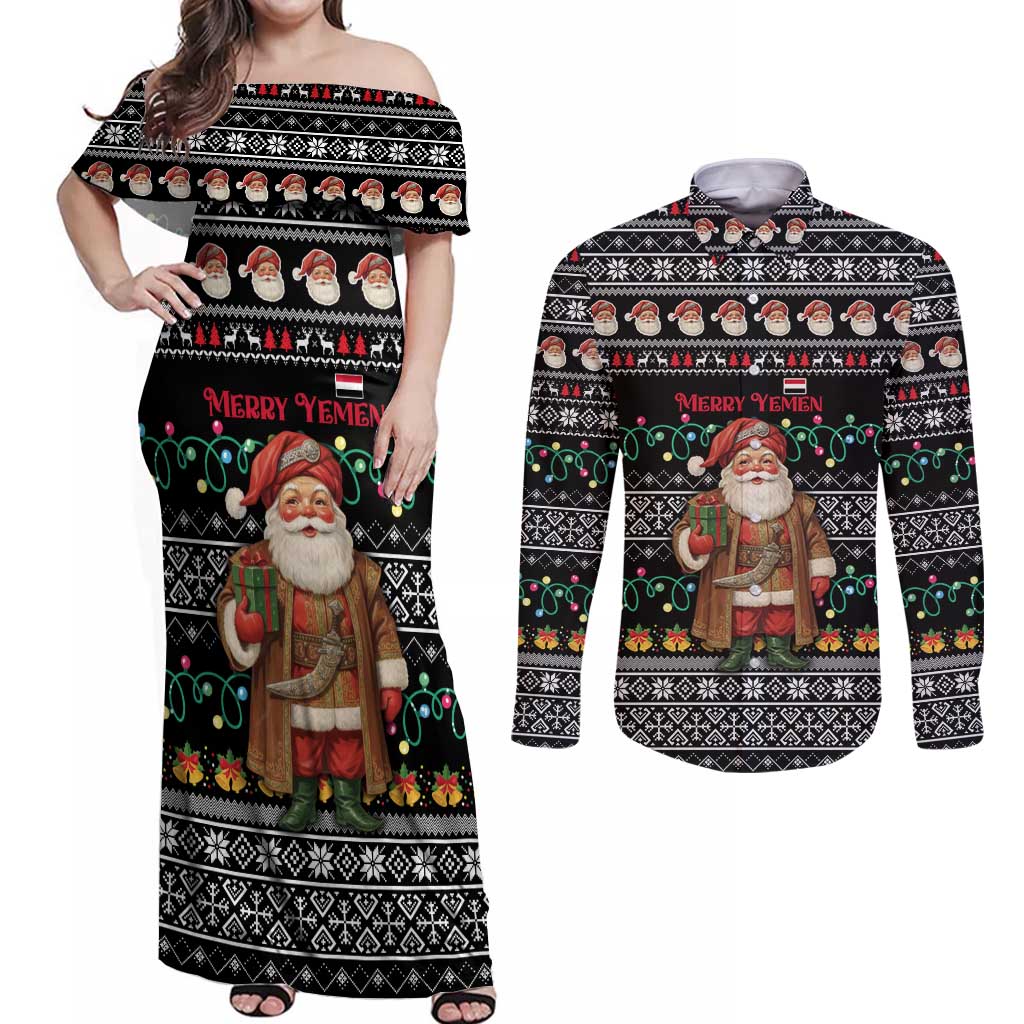 Yemen Christmas Couples Matching Off Shoulder Maxi Dress and Long Sleeve Button Shirt with Traditional Santa Black Snowflake Pattern and Festive Lights - Wonder Print Shop
