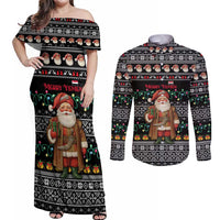Yemen Christmas Couples Matching Off Shoulder Maxi Dress and Long Sleeve Button Shirt with Traditional Santa Black Snowflake Pattern and Festive Lights - Wonder Print Shop