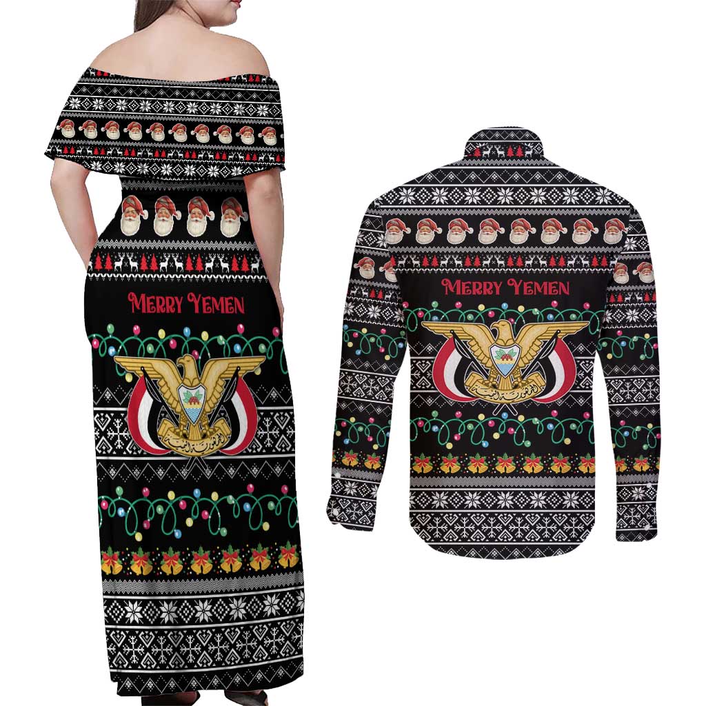 Yemen Christmas Couples Matching Off Shoulder Maxi Dress and Long Sleeve Button Shirt with Traditional Santa Black Snowflake Pattern and Festive Lights - Wonder Print Shop