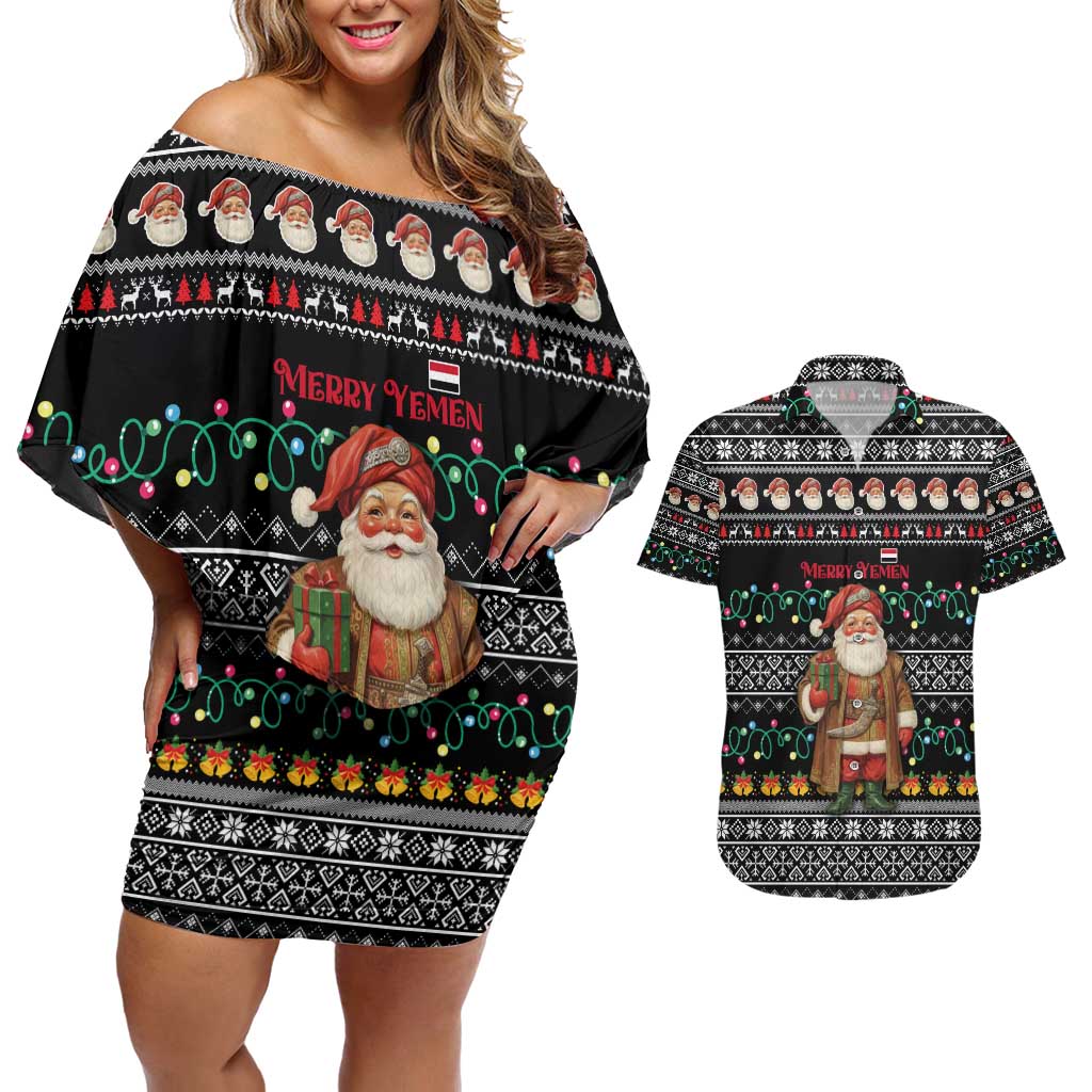 Yemen Christmas Couples Matching Off Shoulder Short Dress and Hawaiian Shirt with Traditional Santa Black Snowflake Pattern and Festive Lights - Wonder Print Shop