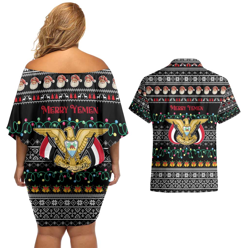 Yemen Christmas Couples Matching Off Shoulder Short Dress and Hawaiian Shirt with Traditional Santa Black Snowflake Pattern and Festive Lights - Wonder Print Shop