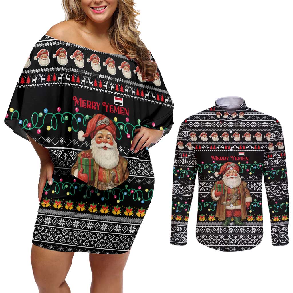 Yemen Christmas Couples Matching Off Shoulder Short Dress and Long Sleeve Button Shirt with Traditional Santa Black Snowflake Pattern and Festive Lights - Wonder Print Shop