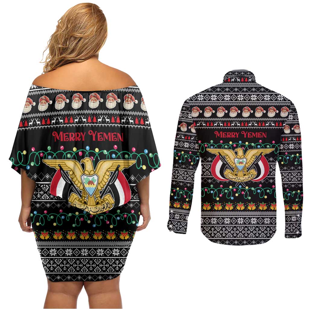 Yemen Christmas Couples Matching Off Shoulder Short Dress and Long Sleeve Button Shirt with Traditional Santa Black Snowflake Pattern and Festive Lights - Wonder Print Shop