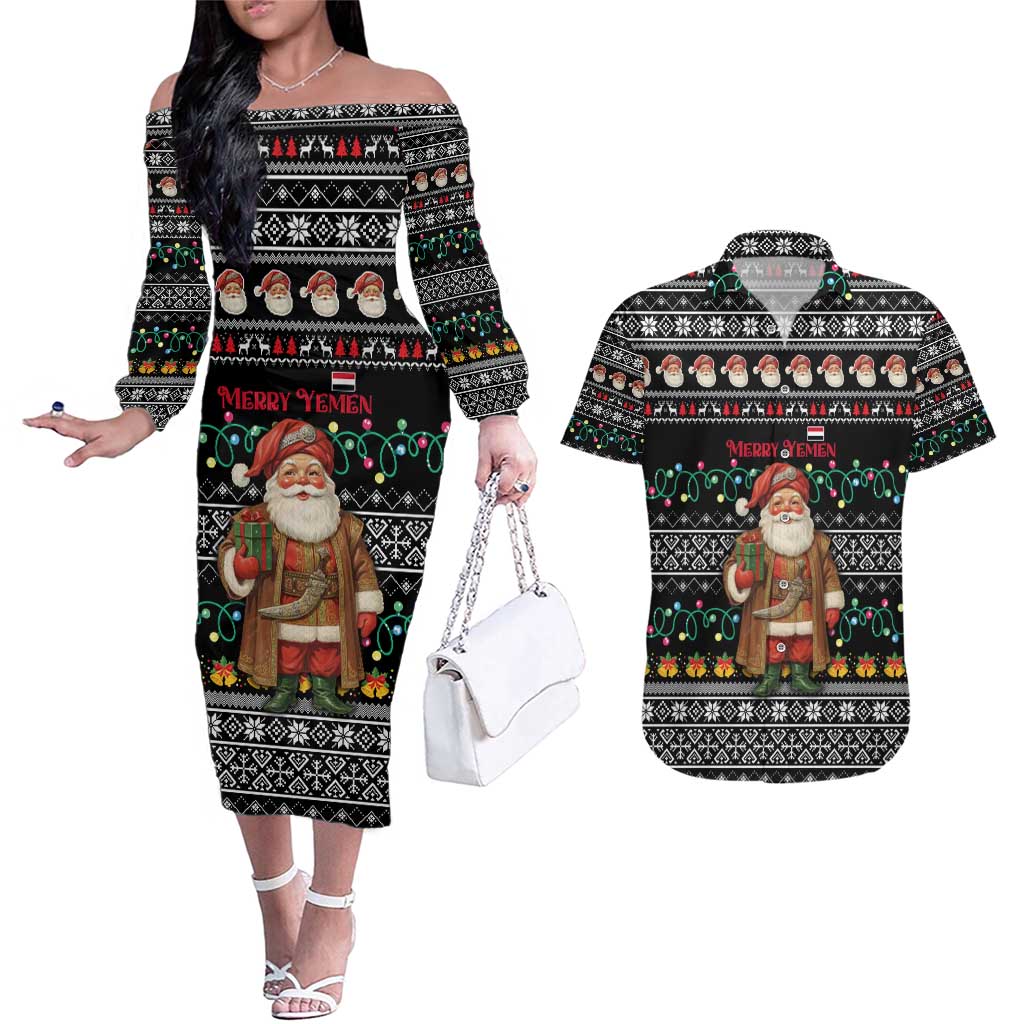 Yemen Christmas Couples Matching Off The Shoulder Long Sleeve Dress and Hawaiian Shirt with Traditional Santa Black Snowflake Pattern and Festive Lights - Wonder Print Shop
