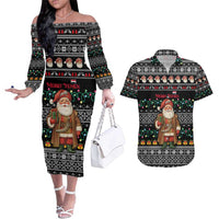 Yemen Christmas Couples Matching Off The Shoulder Long Sleeve Dress and Hawaiian Shirt with Traditional Santa Black Snowflake Pattern and Festive Lights - Wonder Print Shop