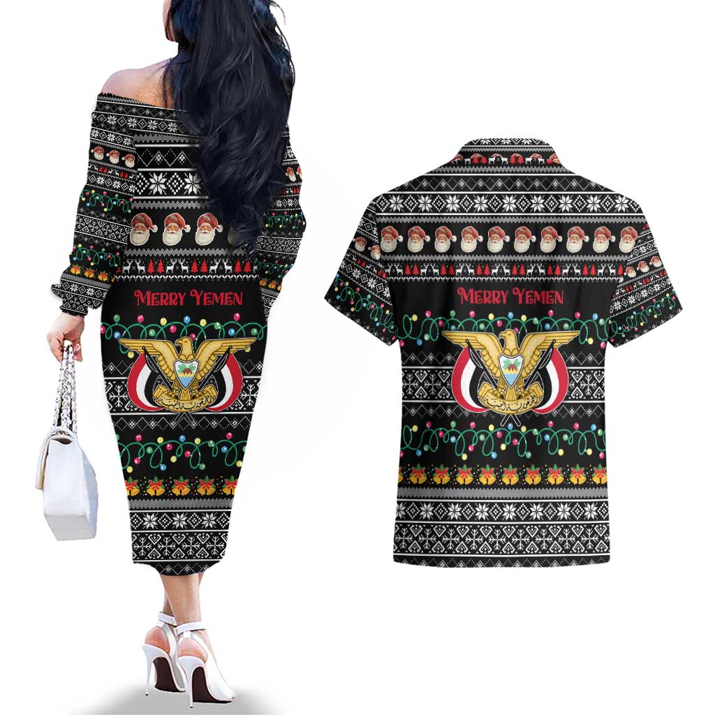 Yemen Christmas Couples Matching Off The Shoulder Long Sleeve Dress and Hawaiian Shirt with Traditional Santa Black Snowflake Pattern and Festive Lights - Wonder Print Shop