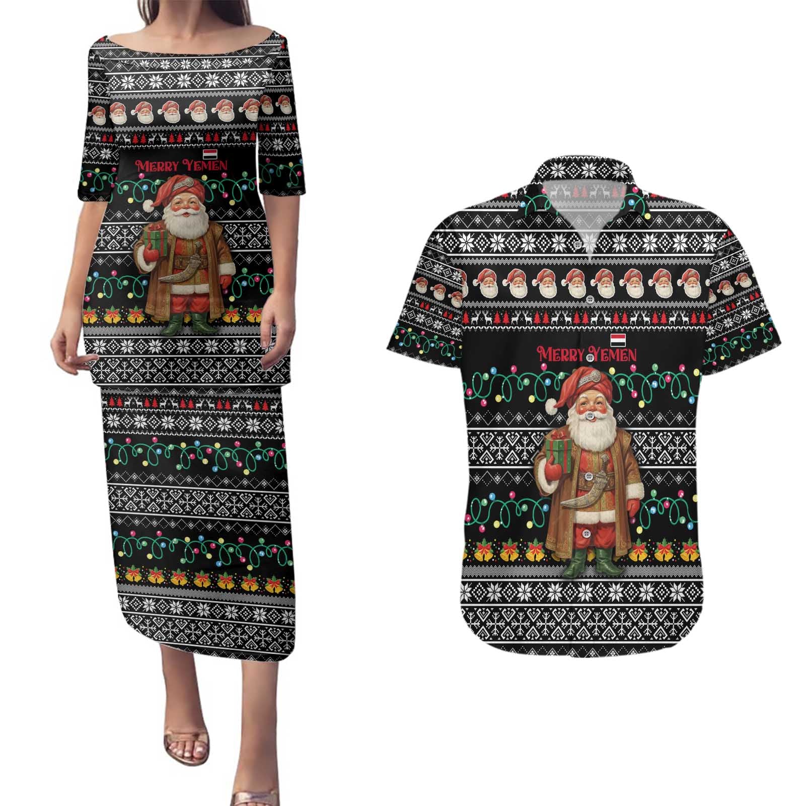 Yemen Christmas Couples Matching Puletasi and Hawaiian Shirt with Traditional Santa Black Snowflake Pattern and Festive Lights - Wonder Print Shop