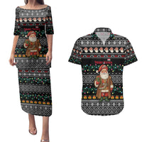 Yemen Christmas Couples Matching Puletasi and Hawaiian Shirt with Traditional Santa Black Snowflake Pattern and Festive Lights - Wonder Print Shop