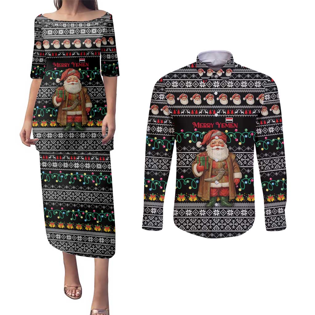 Yemen Christmas Couples Matching Puletasi and Long Sleeve Button Shirt with Traditional Santa Black Snowflake Pattern and Festive Lights - Wonder Print Shop