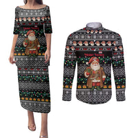 Yemen Christmas Couples Matching Puletasi and Long Sleeve Button Shirt with Traditional Santa Black Snowflake Pattern and Festive Lights - Wonder Print Shop