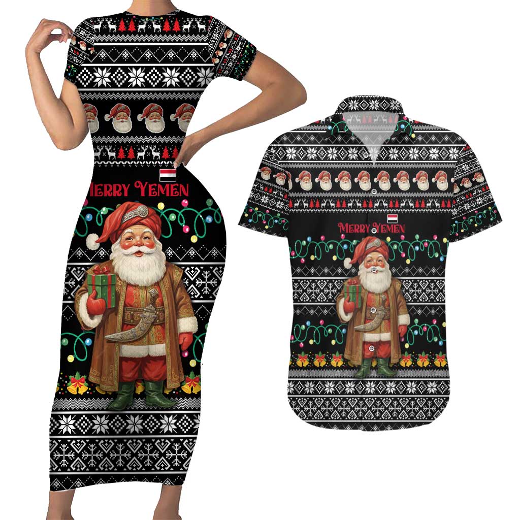Yemen Christmas Couples Matching Short Sleeve Bodycon Dress and Hawaiian Shirt with Traditional Santa Black Snowflake Pattern and Festive Lights - Wonder Print Shop