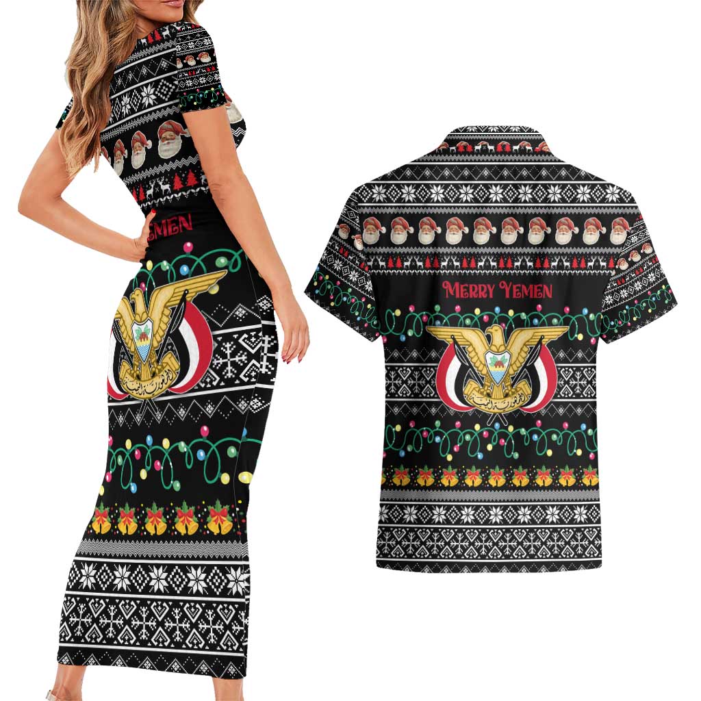 Yemen Christmas Couples Matching Short Sleeve Bodycon Dress and Hawaiian Shirt with Traditional Santa Black Snowflake Pattern and Festive Lights - Wonder Print Shop