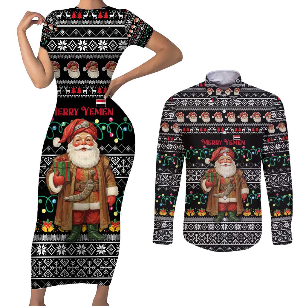Yemen Christmas Couples Matching Short Sleeve Bodycon Dress and Long Sleeve Button Shirt with Traditional Santa Black Snowflake Pattern and Festive Lights - Wonder Print Shop
