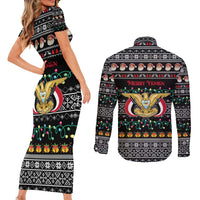 Yemen Christmas Couples Matching Short Sleeve Bodycon Dress and Long Sleeve Button Shirt with Traditional Santa Black Snowflake Pattern and Festive Lights - Wonder Print Shop