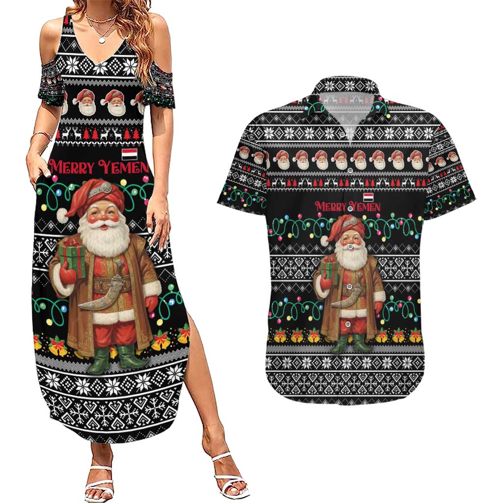 Yemen Christmas Couples Matching Summer Maxi Dress and Hawaiian Shirt with Traditional Santa Black Snowflake Pattern and Festive Lights - Wonder Print Shop