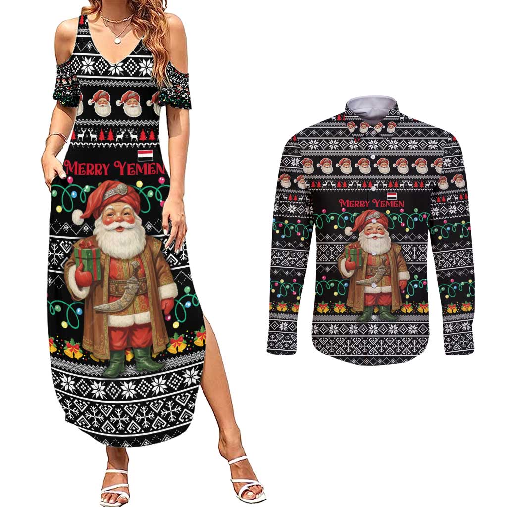 Yemen Christmas Couples Matching Summer Maxi Dress and Long Sleeve Button Shirt with Traditional Santa Black Snowflake Pattern and Festive Lights - Wonder Print Shop