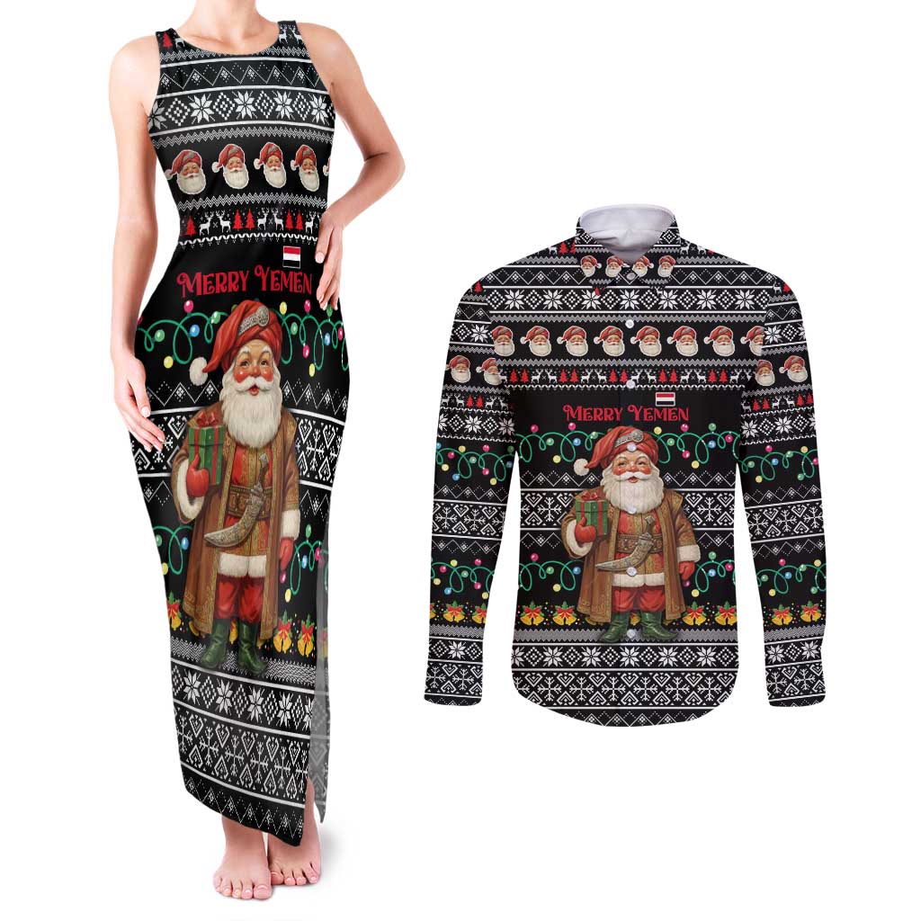 Yemen Christmas Couples Matching Tank Maxi Dress and Long Sleeve Button Shirt with Traditional Santa Black Snowflake Pattern and Festive Lights - Wonder Print Shop