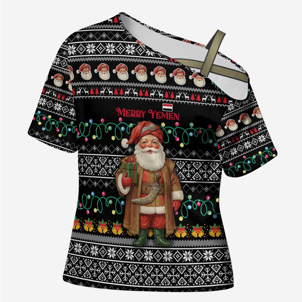 Yemen Christmas Cross Shoulder Shirt with Traditional Santa Black Snowflake Pattern and Festive Lights - Wonder Print Shop