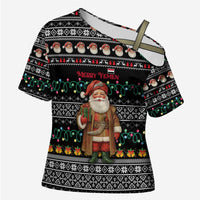 Yemen Christmas Cross Shoulder Shirt with Traditional Santa Black Snowflake Pattern and Festive Lights - Wonder Print Shop