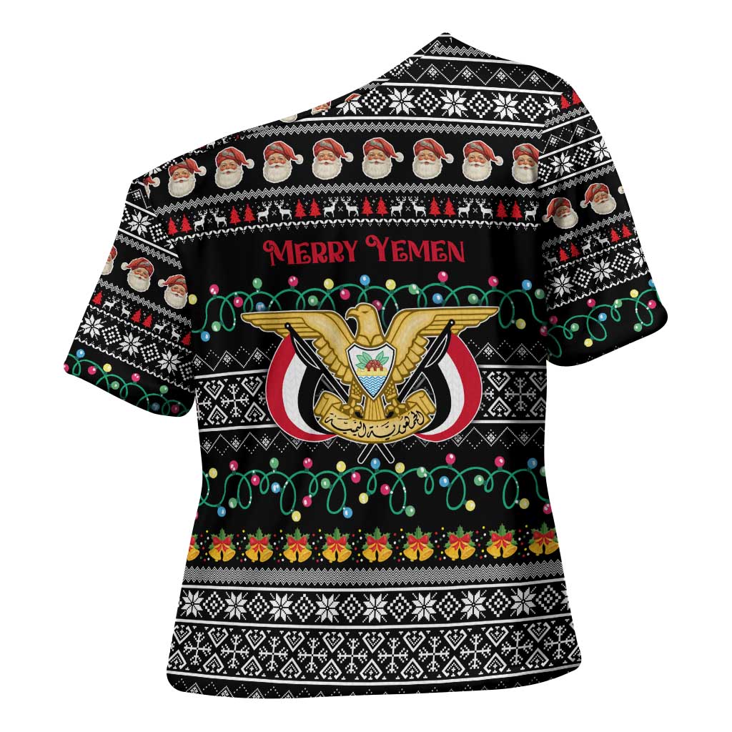 Yemen Christmas Cross Shoulder Shirt with Traditional Santa Black Snowflake Pattern and Festive Lights - Wonder Print Shop