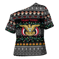 Yemen Christmas Cross Shoulder Shirt with Traditional Santa Black Snowflake Pattern and Festive Lights - Wonder Print Shop