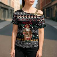 Yemen Christmas Cross Shoulder Shirt with Traditional Santa Black Snowflake Pattern and Festive Lights - Wonder Print Shop