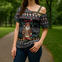 Yemen Christmas Cross Shoulder Shirt with Traditional Santa Black Snowflake Pattern and Festive Lights - Wonder Print Shop