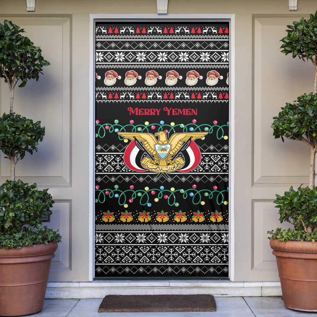 Yemen Christmas Door Cover with Traditional Santa Black Snowflake Pattern and Festive Lights - Wonder Print Shop