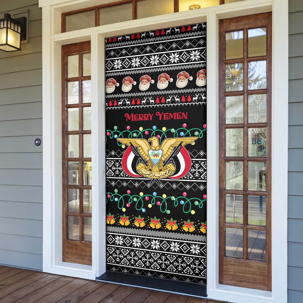Yemen Christmas Door Cover with Traditional Santa Black Snowflake Pattern and Festive Lights - Wonder Print Shop