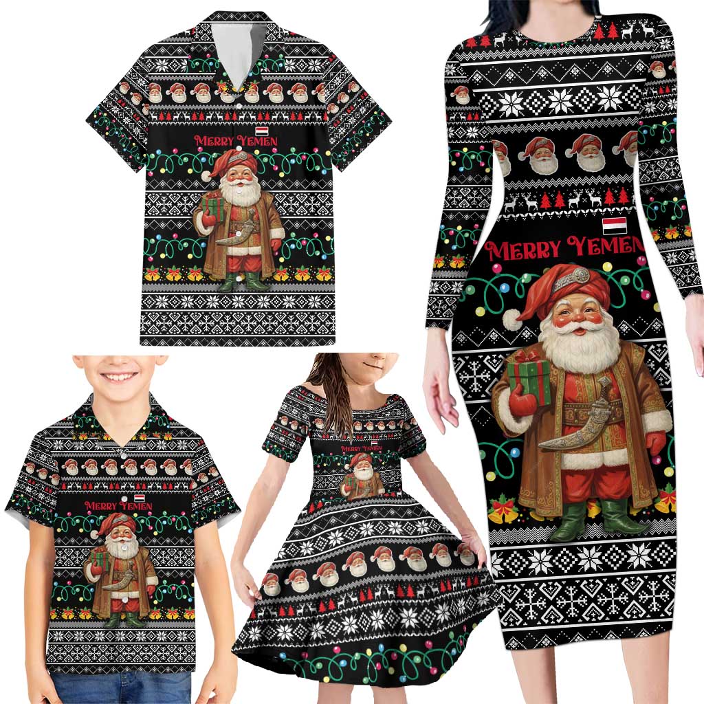 Yemen Christmas Family Matching Long Sleeve Bodycon Dress and Hawaiian Shirt with Traditional Santa Black Snowflake Pattern and Festive Lights - Wonder Print Shop