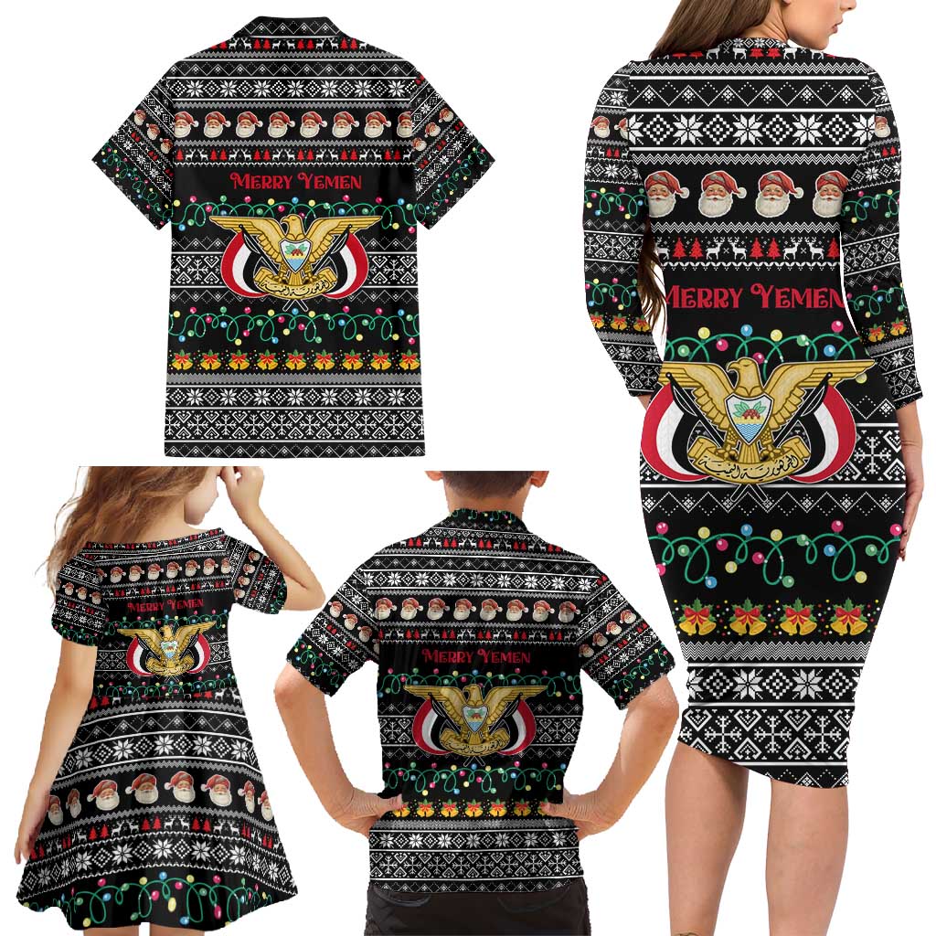 Yemen Christmas Family Matching Long Sleeve Bodycon Dress and Hawaiian Shirt with Traditional Santa Black Snowflake Pattern and Festive Lights - Wonder Print Shop