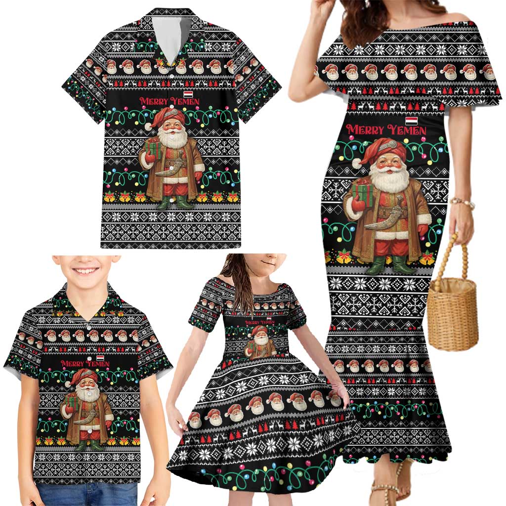 Yemen Christmas Family Matching Mermaid Dress and Hawaiian Shirt with Traditional Santa Black Snowflake Pattern and Festive Lights - Wonder Print Shop