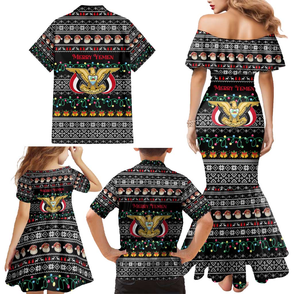 Yemen Christmas Family Matching Mermaid Dress and Hawaiian Shirt with Traditional Santa Black Snowflake Pattern and Festive Lights - Wonder Print Shop