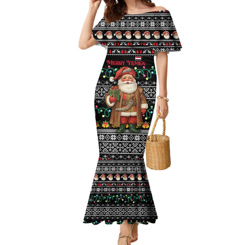Yemen Christmas Family Matching Mermaid Dress and Hawaiian Shirt with Traditional Santa Black Snowflake Pattern and Festive Lights - Wonder Print Shop
