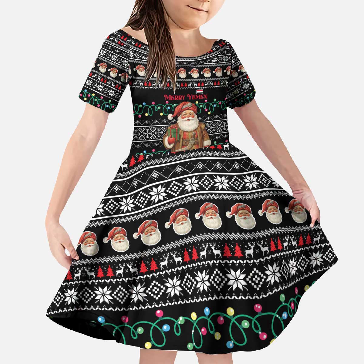 Yemen Christmas Family Matching Off The Shoulder Long Sleeve Dress and Hawaiian Shirt with Traditional Santa Black Snowflake Pattern and Festive Lights - Wonder Print Shop