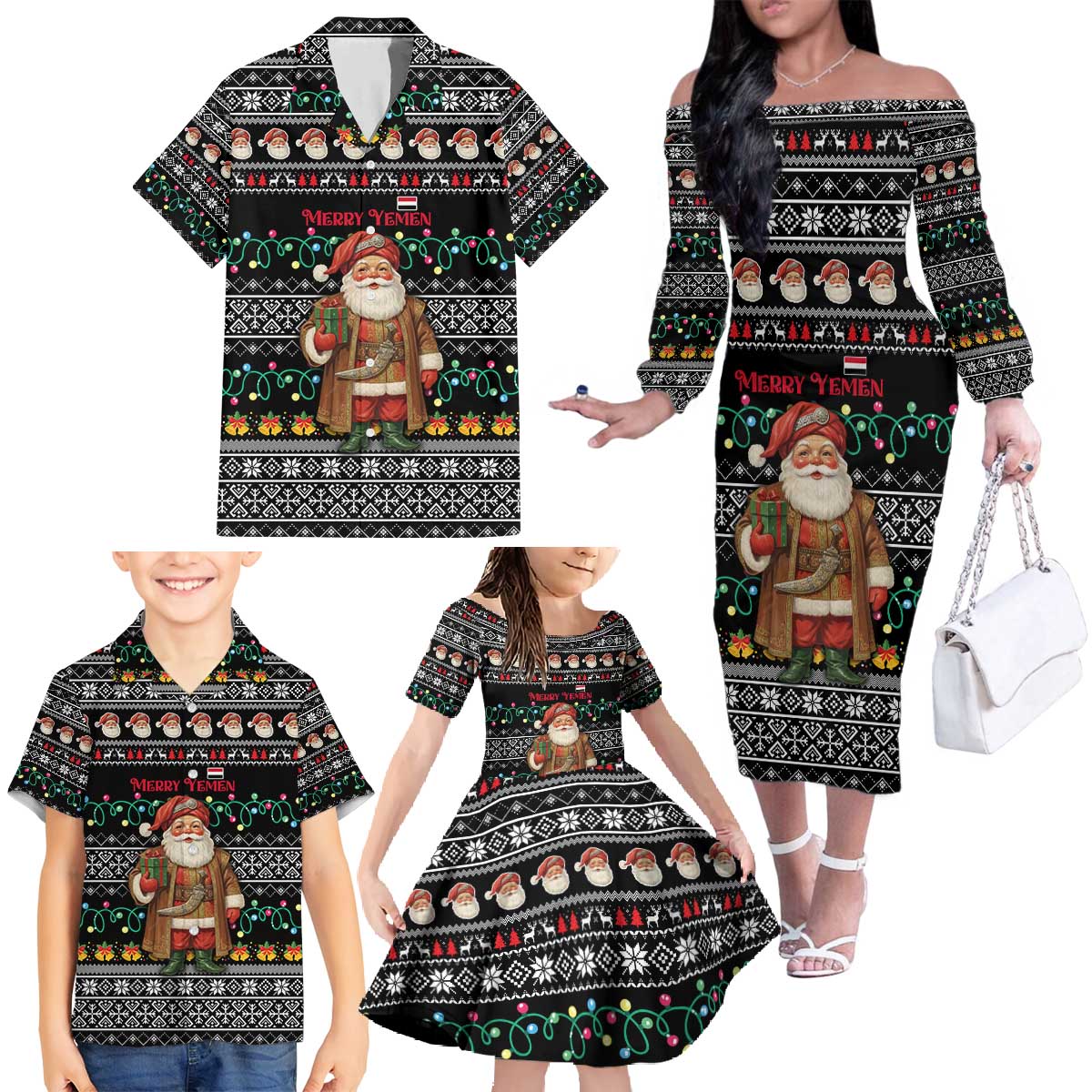 Yemen Christmas Family Matching Off The Shoulder Long Sleeve Dress and Hawaiian Shirt with Traditional Santa Black Snowflake Pattern and Festive Lights - Wonder Print Shop
