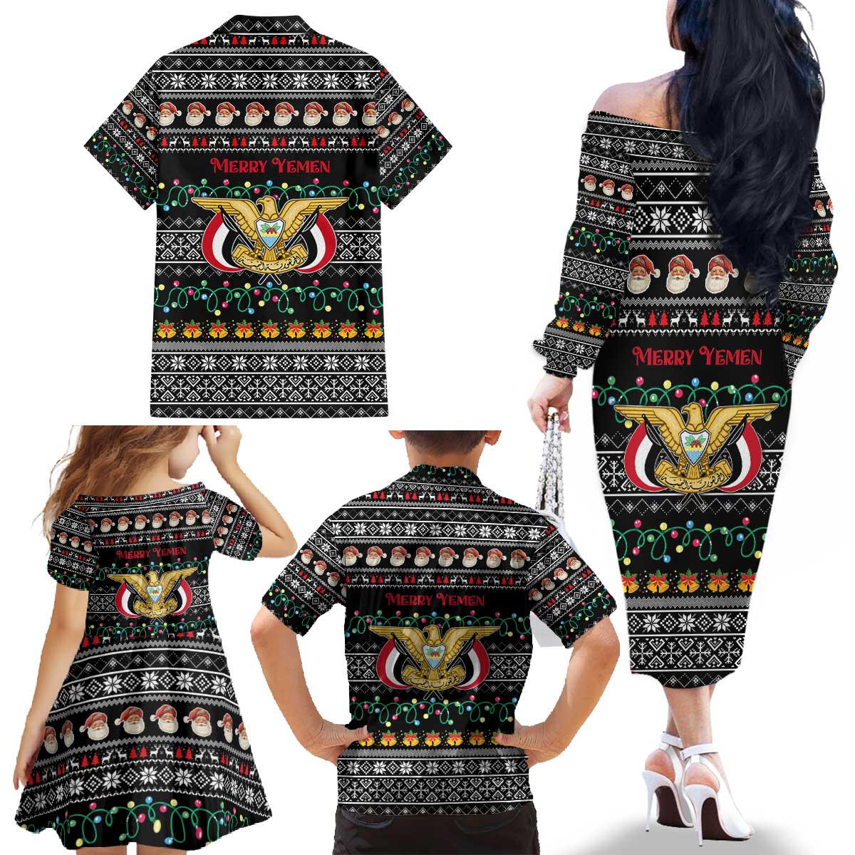 Yemen Christmas Family Matching Off The Shoulder Long Sleeve Dress and Hawaiian Shirt with Traditional Santa Black Snowflake Pattern and Festive Lights - Wonder Print Shop