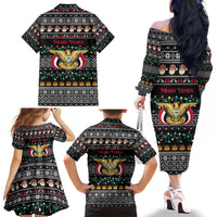 Yemen Christmas Family Matching Off The Shoulder Long Sleeve Dress and Hawaiian Shirt with Traditional Santa Black Snowflake Pattern and Festive Lights - Wonder Print Shop