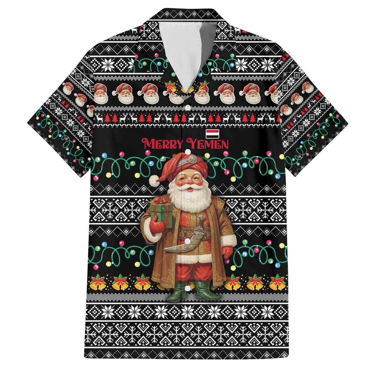 Yemen Christmas Family Matching Off The Shoulder Long Sleeve Dress and Hawaiian Shirt with Traditional Santa Black Snowflake Pattern and Festive Lights - Wonder Print Shop