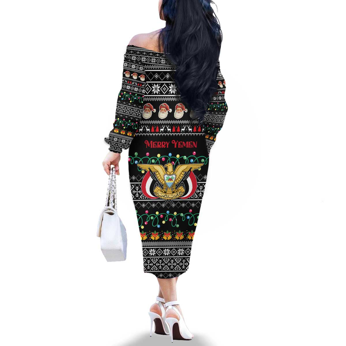 Yemen Christmas Family Matching Off The Shoulder Long Sleeve Dress and Hawaiian Shirt with Traditional Santa Black Snowflake Pattern and Festive Lights - Wonder Print Shop