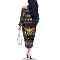 Yemen Christmas Family Matching Off The Shoulder Long Sleeve Dress and Hawaiian Shirt with Traditional Santa Black Snowflake Pattern and Festive Lights - Wonder Print Shop