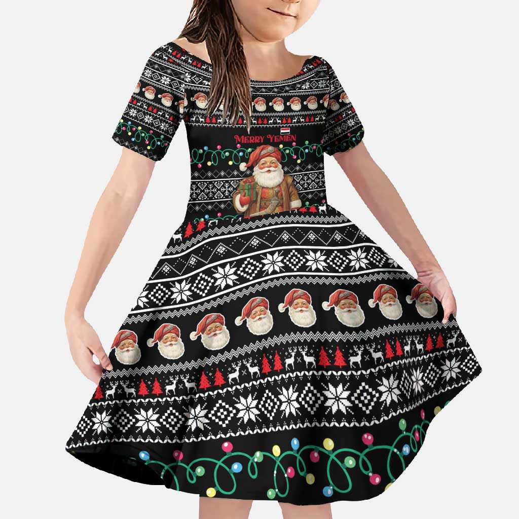Yemen Christmas Family Matching Off Shoulder Maxi Dress and Hawaiian Shirt with Traditional Santa Black Snowflake Pattern and Festive Lights - Wonder Print Shop