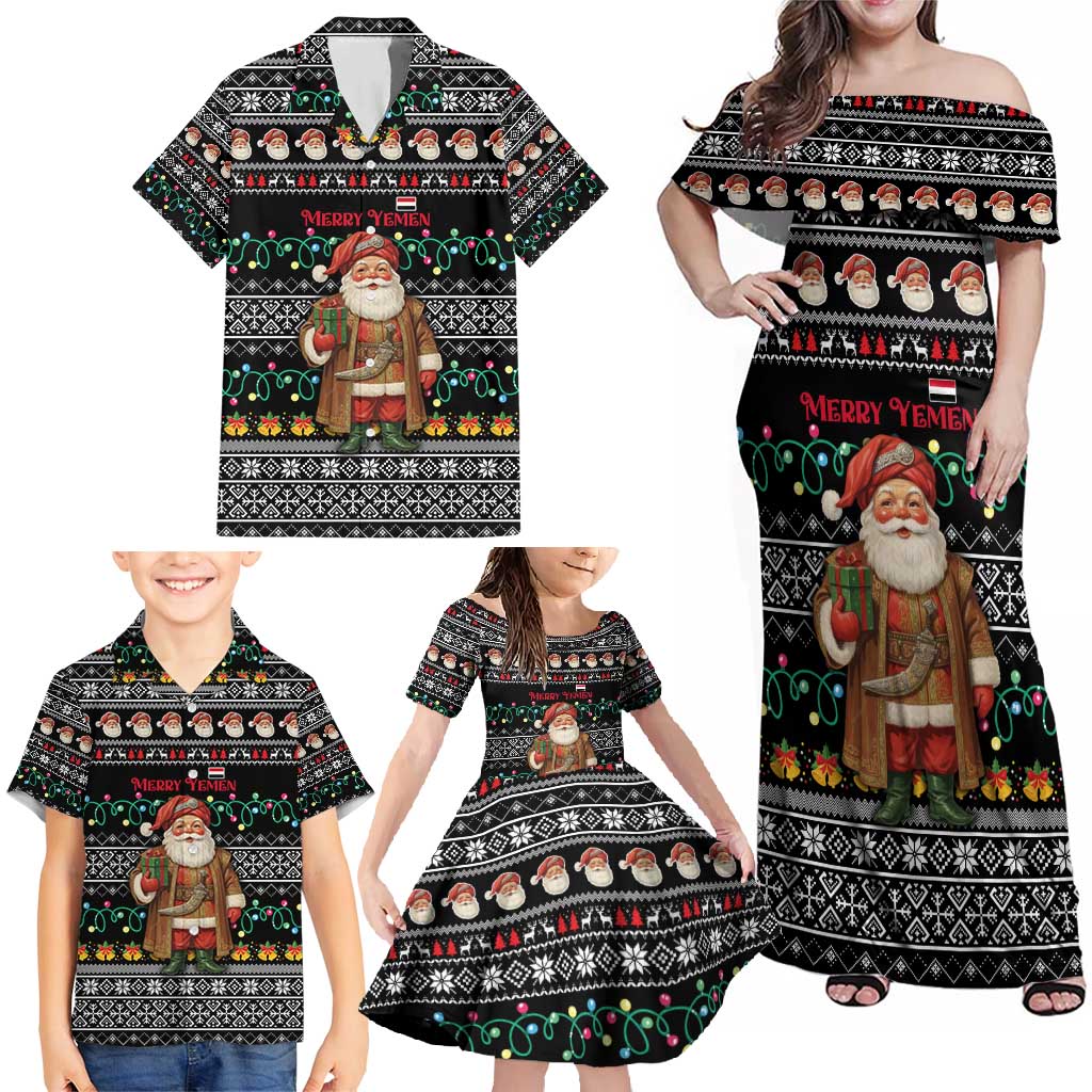 Yemen Christmas Family Matching Off Shoulder Maxi Dress and Hawaiian Shirt with Traditional Santa Black Snowflake Pattern and Festive Lights - Wonder Print Shop