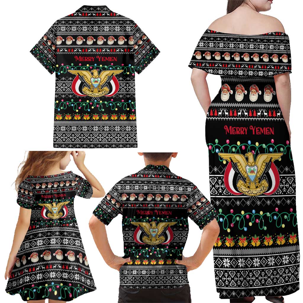 Yemen Christmas Family Matching Off Shoulder Maxi Dress and Hawaiian Shirt with Traditional Santa Black Snowflake Pattern and Festive Lights - Wonder Print Shop