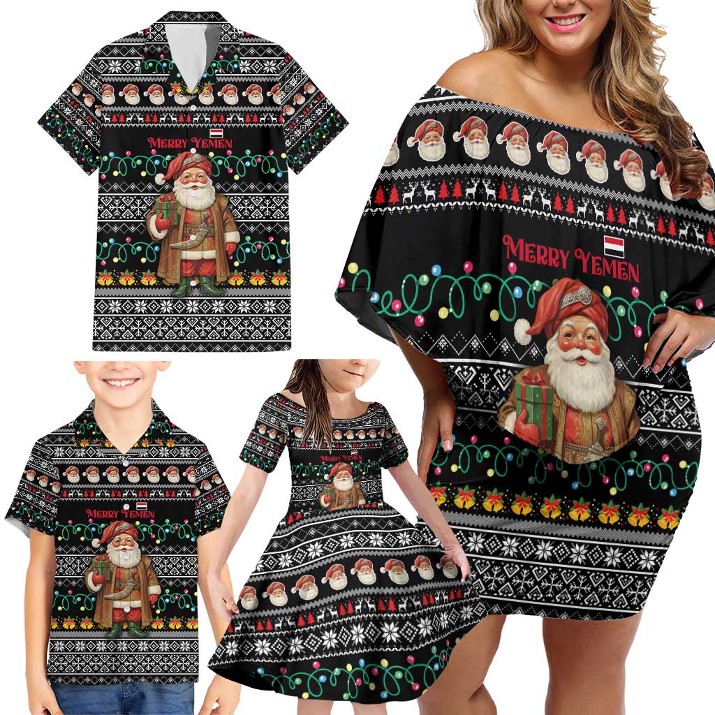 Yemen Christmas Family Matching Off Shoulder Short Dress and Hawaiian Shirt with Traditional Santa Black Snowflake Pattern and Festive Lights - Wonder Print Shop