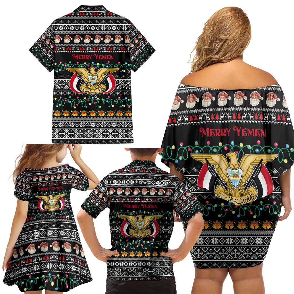 Yemen Christmas Family Matching Off Shoulder Short Dress and Hawaiian Shirt with Traditional Santa Black Snowflake Pattern and Festive Lights - Wonder Print Shop