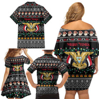 Yemen Christmas Family Matching Off Shoulder Short Dress and Hawaiian Shirt with Traditional Santa Black Snowflake Pattern and Festive Lights - Wonder Print Shop