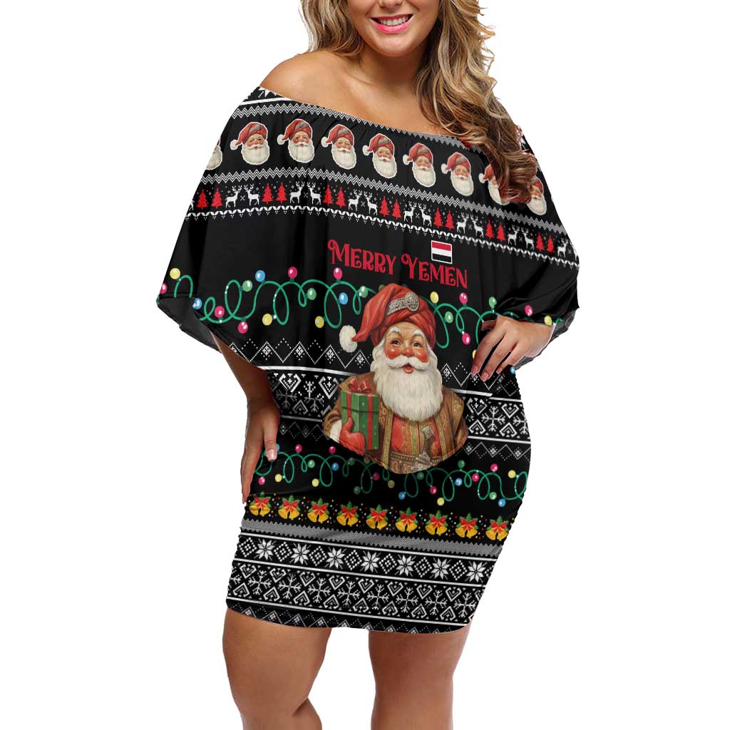 Yemen Christmas Family Matching Off Shoulder Short Dress and Hawaiian Shirt with Traditional Santa Black Snowflake Pattern and Festive Lights - Wonder Print Shop